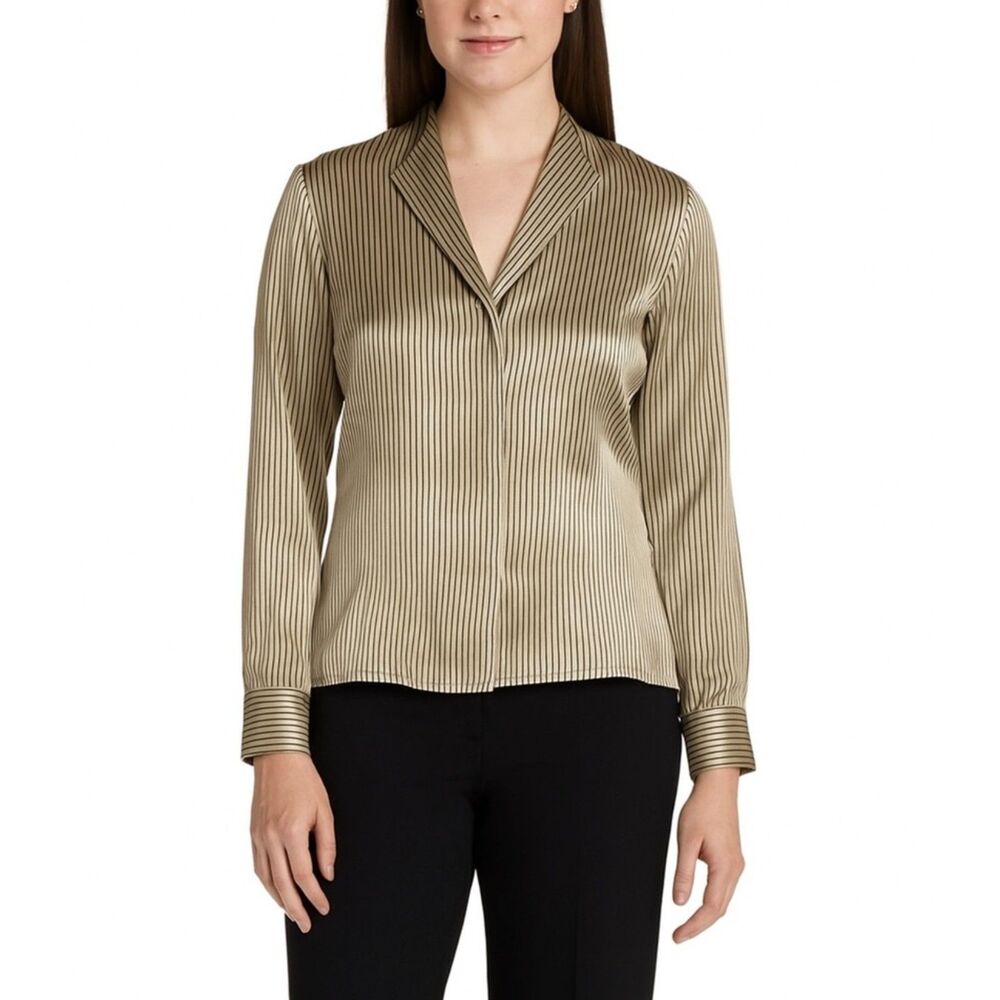 Peck & Peck NWOT Tan Navy Pinstripe Silk Charmeuse V-Neck Button Up LS Blouse 10
